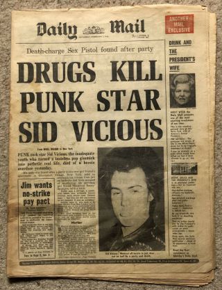 Drugs Kill Punk Star Sid Vicious - Vintage Daily Mail Newspaper 03/02/79