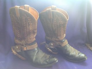 Vintage Tony Lama 11 Ee Western Cowboy Boots With Spurs Brown & Black