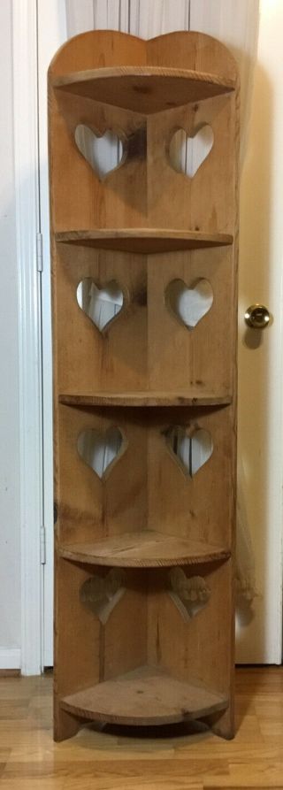 60”tall Vintage 5 - Tier Natural Wood Corner Display Shelf W/ Heart Shape Carvings