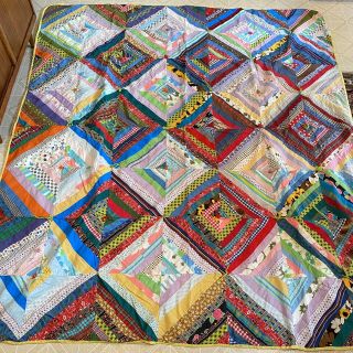 Vintage Patchwork Diamond Quilt Yarn Tied Handmade Squares Patch Quilt 75” X 85”