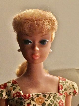 Vintage 6 Or 7 Ponytail Barbie Doll - Blonde With Repainted Coral Lips