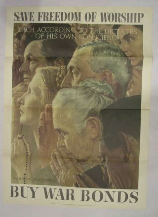 Vintage 1943 Save Freedom Of Worship Rockwell World War Ii Poster