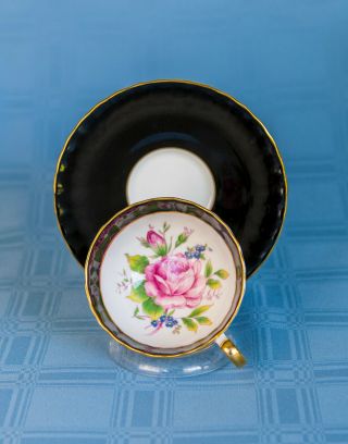 Rare Vintage Aynsley Cabbage Rose Teacup Tea Cup Saucer Black 1930s