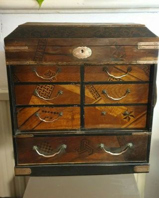 Antique Japanese Lacquer Jewellery Cabinet With Gilt Decoration.  Meiji Period