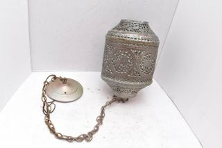 Moroccan Pierced Metal Brass Hanging Swag Lamp Boho Light Pendant Chandelier Vtg