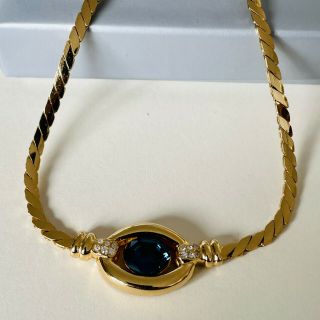 Vintage Signed Christian Dior Sapphire Blue/clear Crystal Gold Plated Necklace