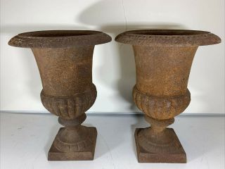 Vintage Pair Antique French Cast Iron Garden Planter Urns 12 3/4 " Tall