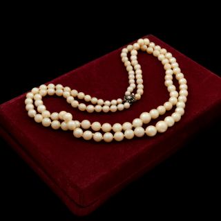 Antique Vintage Deco Retro 14k White Gold Akoya Pearl Sapphire Beaded Necklace