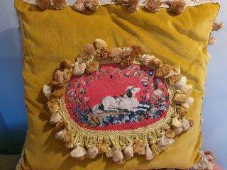 Victorian Antique Needlework Tapestry Woolwork Dog Cushion / Pillow