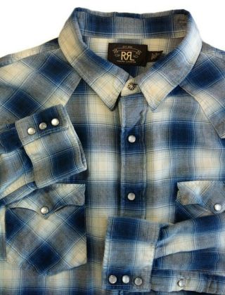 Rrl Double Rl Ralph Lauren Vintage Mens Xl Pearl Snap Blue Plaid Western Shirt