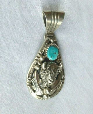Vintage Fabulous Sterling Silver Buffalo Head Turquoise Estate Necklace Pendant