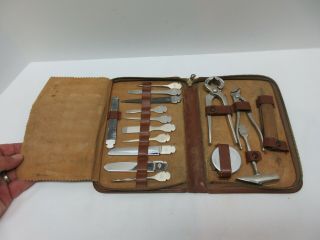 Vintage Hugo Berns D.  R.  G.  M.  German Pocket Knife Tool Kit In Leather Case
