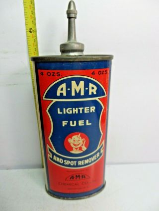 1920 - 50 ' s - (4oz. ) VINTAGE A - M - R LIGHTER (FUEL) FLUID TIN CAN HANDY OILER LEAD TOP 3