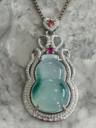Vintage Chinese Celadon Jade Hand Carved Pendant On Chain White Metal