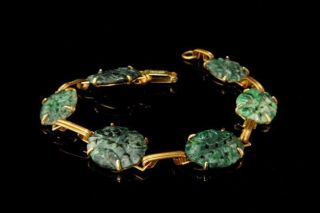 Vintage Chinese Carved Deep Green Jade 12k Gold Filled Bracelet Br