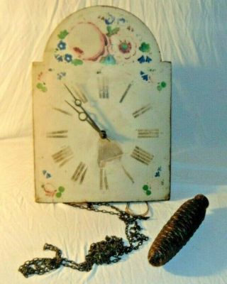 Antique 19th Century Wooden Painted Dial Wag On Wall Clock W/ Chains & Weight