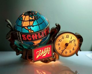 Vintage 1976 Schlitz Beer Bar Advertising Light Rotating Globe And Clock