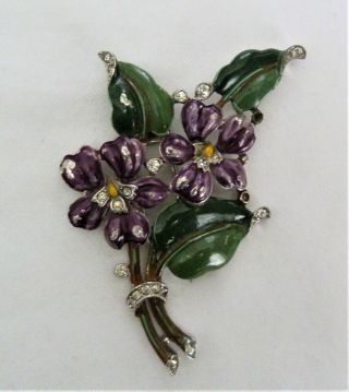 Vintage Signed Trifari Purple Enamel Violets Pansy Flower Rhinestone Fur Clip