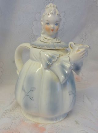 Vintage Fine Porcelain Victorian Lady In Blue Teapot Tea Pot