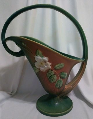 Vtg Roseville Green And Coral White Rose Art Pottery Basket 364 - 12 " Euc