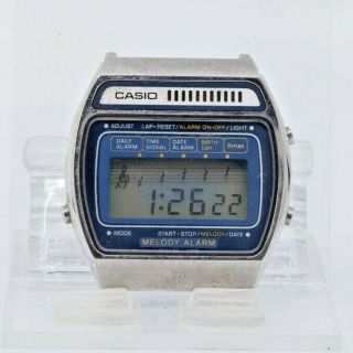 Vintage Casio H104 Melody Alarm Stainless Steel Mens Quartz Watch Lcd Japan