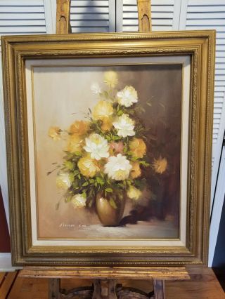 Vintage Robert Cox Signed Floral Oil Painting On Canvas Framed 32 " X 28 "