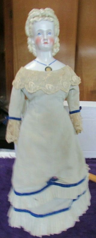 19 1/2 " Antique German Bisque Head & Shoulders Parian Lady Doll Molded Hair