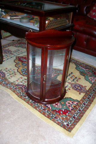 Vintage Wood And Curved Glass Wall Curio Display Case Cabinet.  Cherry