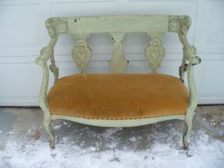 Vintage Antique Victorian Provincial Revival Carved Wood Bench Settee Mahogany