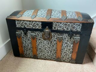 Antique Victorian Dome Top Steamer Trunk Embossed Tin Chest