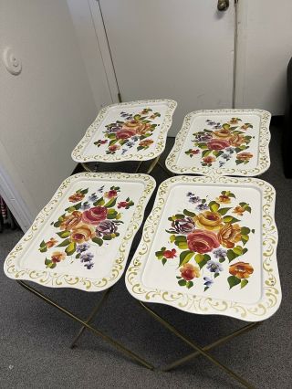 Vintage Floral Tv Trays Set Of 4 With Rolling Stand
