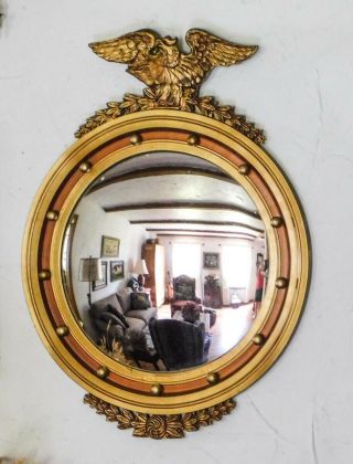 Vintage Wood Federal Eagle Convex Hanging Mirror Gold Gilt Large Size 31 X 23