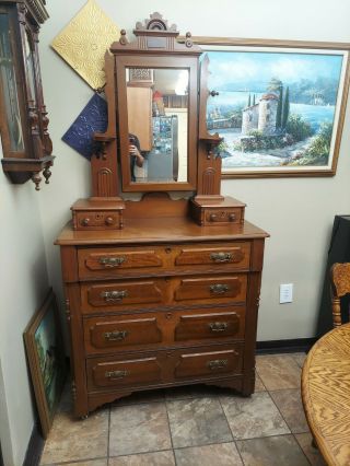 Eastlake Victorian Solid Wood Dresser Carved Pulls W/mirror On Casters