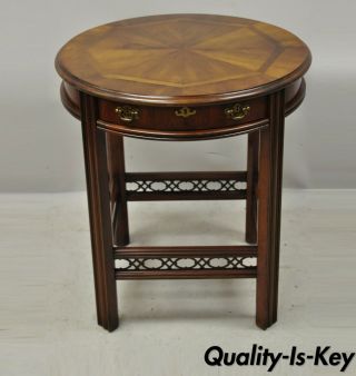 Vtg Lane Chinese Chippendale Inlaid Cherry 1 Drawer Round Lamp Side End Table
