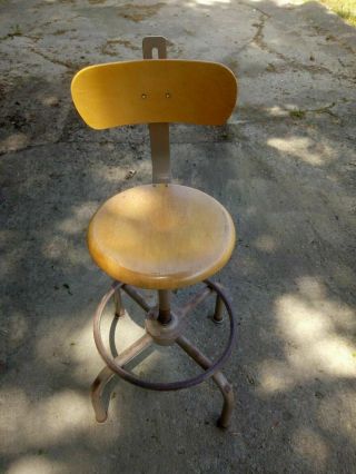 Vintage Industrial Ajusto Adjustable Wood Drafting Stool Chair