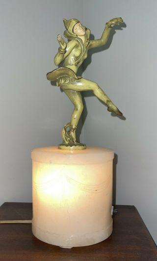 Antique Art Deco Gerdago Green Pixie Harlequin Alabaster Desk Lamp
