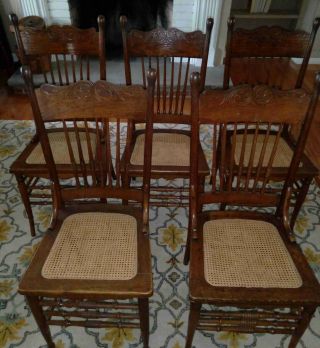 5 Antique Pressed - Back Oak Caned Kitchen Chairs
