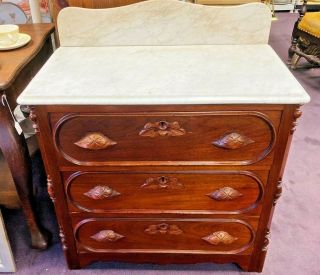 Antique Victorian Marble Top Hand Carved Walnut 3 Drawer Dresser