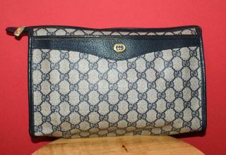 Vtg Small Gucci Blue Monogram Canvas Pouch Toiletry Cosmetic Purse Bag Italy
