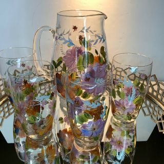 Water Set Pitcher Tumblers Vintage Glass Set 5 Floral Carafe Hand Painted N1