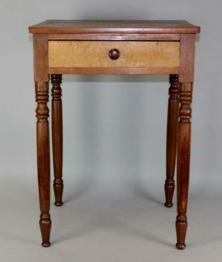 A 19th C Pa Sheraton One Drawer Stand With A Bold Tiger Maple Drawer Fronts