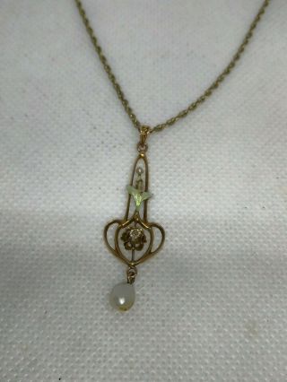 Vintage 10k Gold Diamond And Seed Pearl Lavalier Pendant Necklace Delicate 18.  5 "