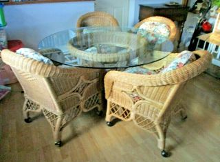 Hand - Crafted Wicker By Henry Link 4 Chairs & Glass Top Table Victorian Design
