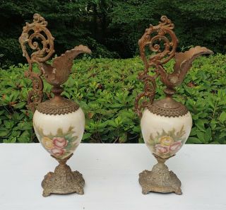 2 Antique Victorian Hand Painted Flower Mantle Ewer Vase Urn Brass Porcelain