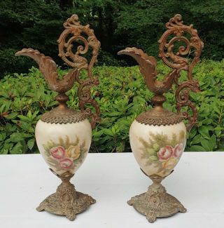 2 Antique Victorian Hand Painted Flower Mantle Ewer Vase Urn Brass Porcelain 2
