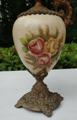 2 Antique Victorian Hand Painted Flower Mantle Ewer Vase Urn Brass Porcelain 3