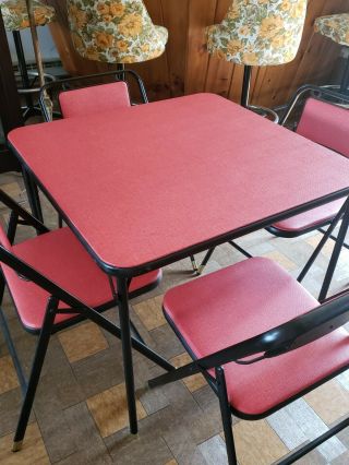 Vintage Samsonite Mid Century Modern Red Vinyl Dining Card Table & Chairs Set