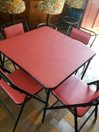 Vintage Samsonite Mid Century Modern Red Vinyl Dining Card Table & CHAIRS Set 4