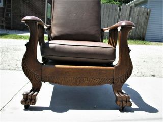 Antique Quartersawn Oak Reclining Morris Chair With Massive Claw Feet & Carvings 2