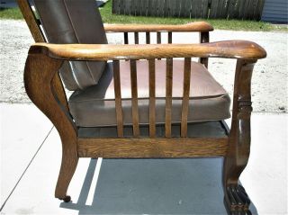 Antique Quartersawn Oak Reclining Morris Chair With Massive Claw Feet & Carvings 4